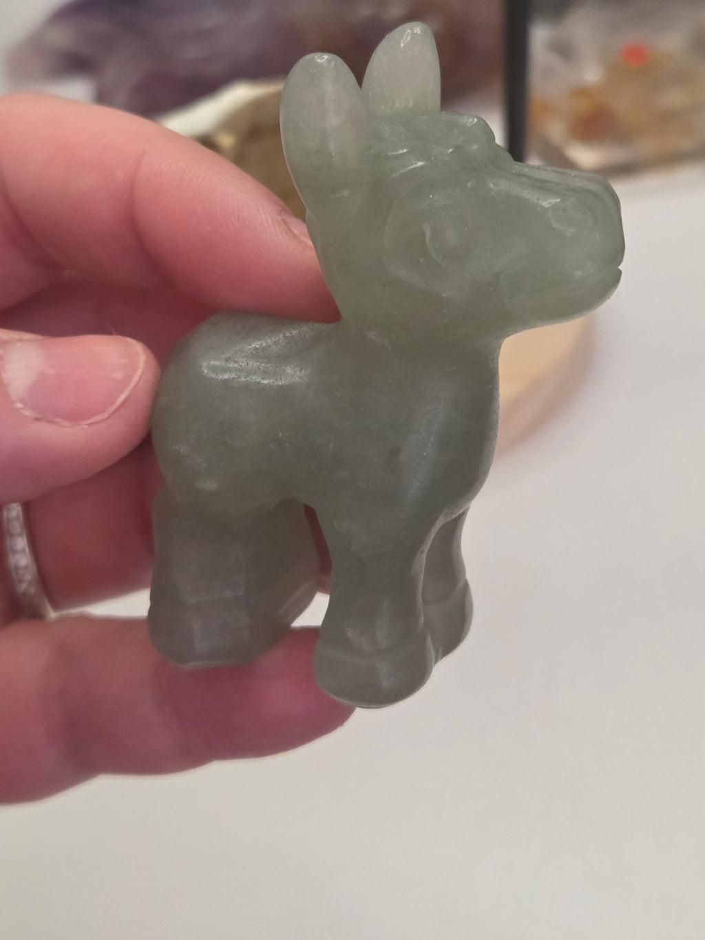 Green Strawberry quartz crystal Donkey carving