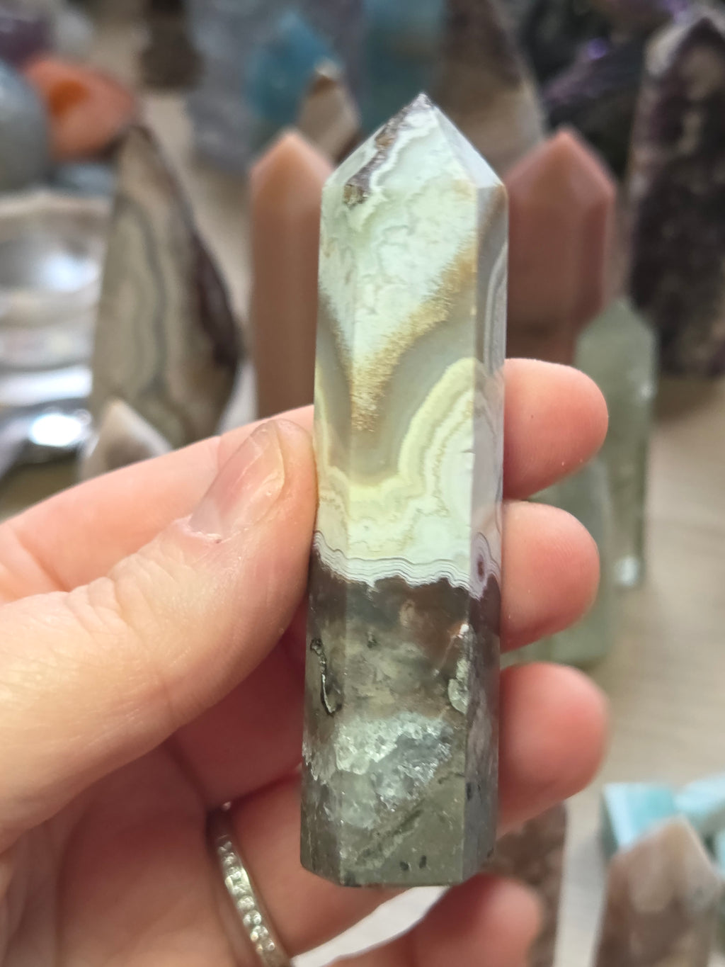 Mexican crazy agate crystal tower carving