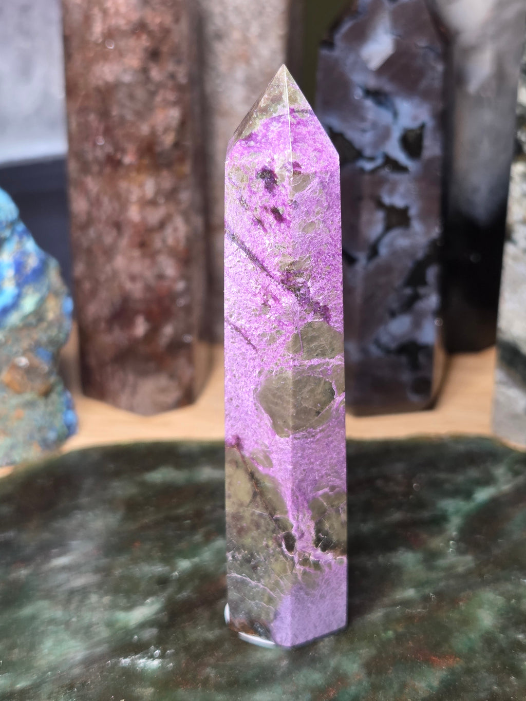 Purple stichtite crystal tower