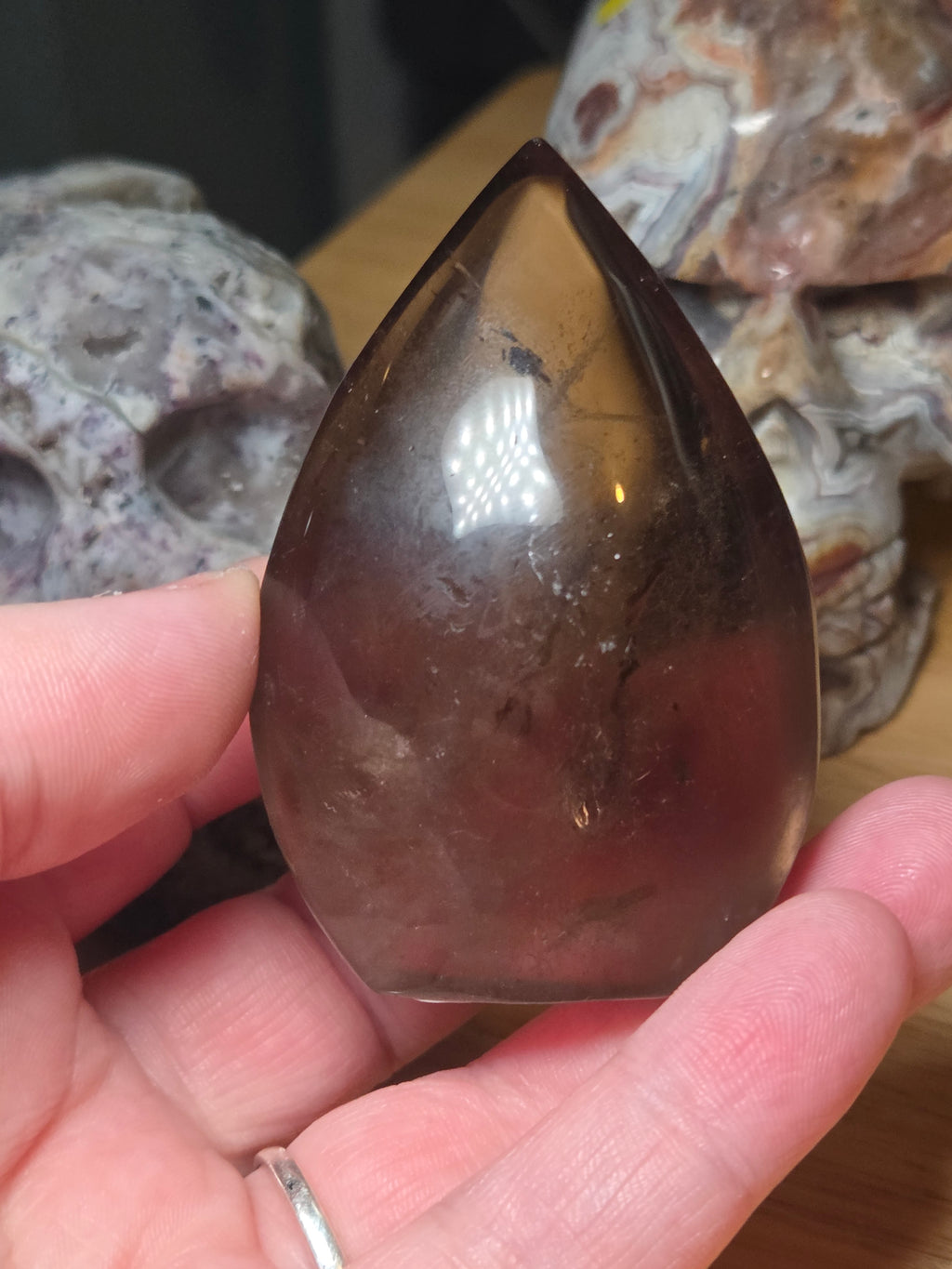 Smokey quartz crystal tear drop carving