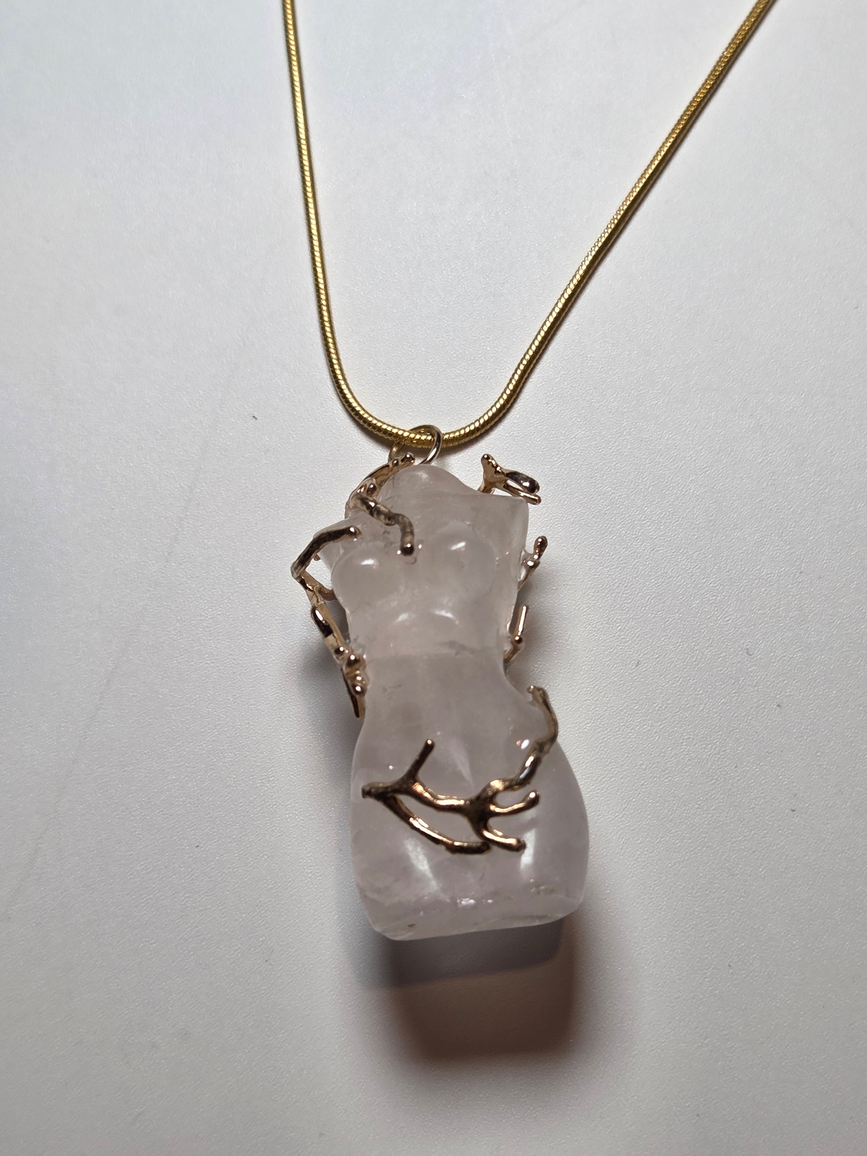 Rose quartz female body carving handmade necklace