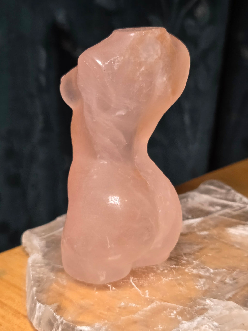 Rose quartz crystal female body carving with golden healer
