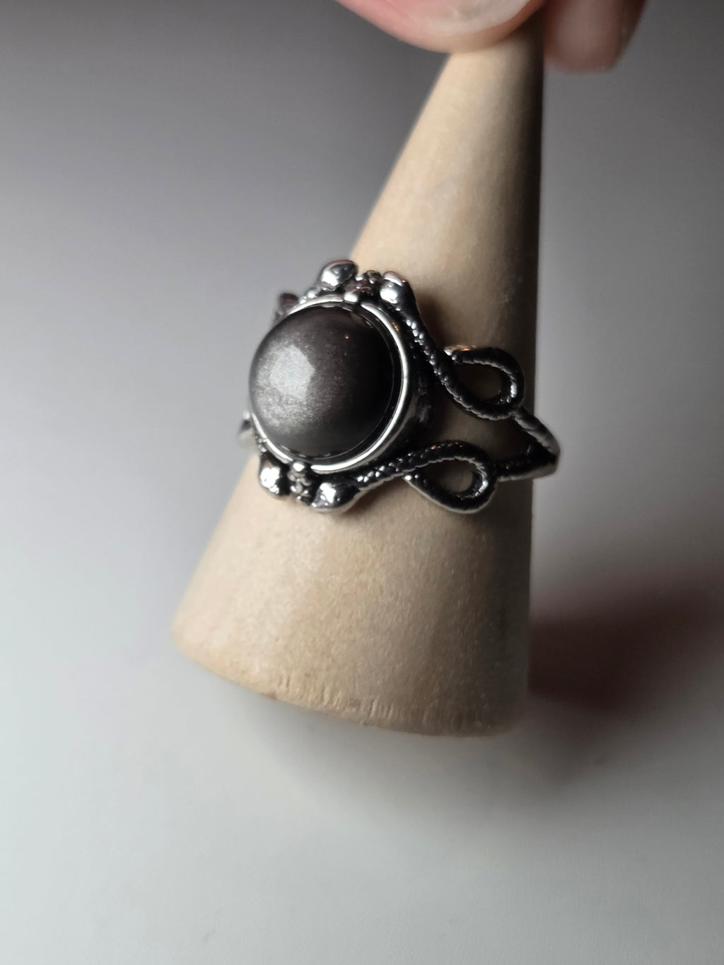 Silver sheen obsidian crystal adjustable ring